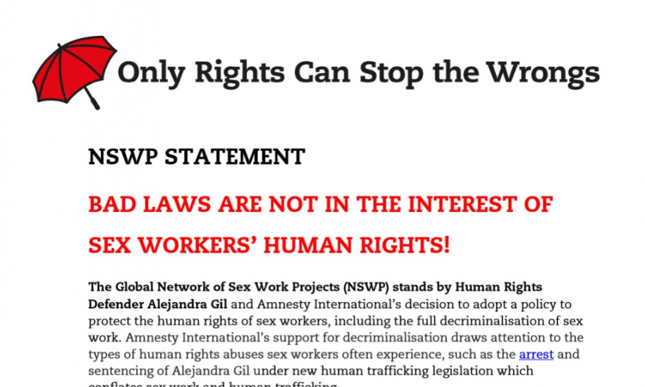 NSWP Statement of Support for Alejandra Gil: Bad laws are not in the interest of sex workers' human rights! NSWP Statement Alejandra Gil